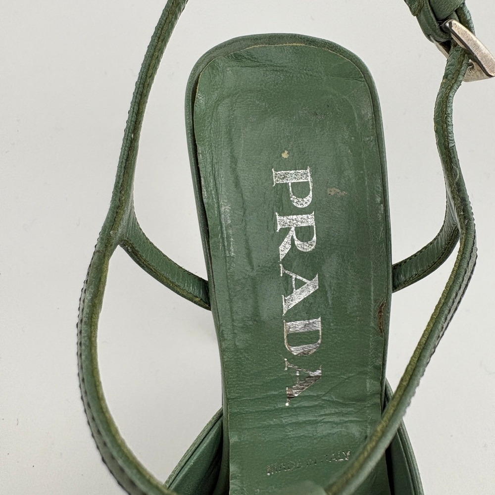 Vintage Prada Green Leather Rose T Strap Heels Size 36 Floral Knot Square Toe - Picture 9 of 14